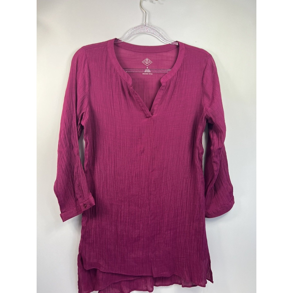St. John's Bay Crinkle Top Women's Szโ M Purple V-Neck 3/4 Sleeve Layered Hi Lo